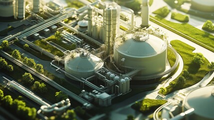 Aerial view of a modern industrial refinery complex with green landscaping.