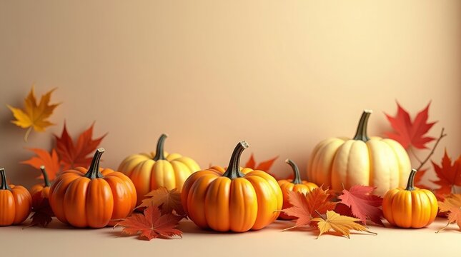 Orange yellow pumpkins autumn leaves gourds fall - Powered by Adobe