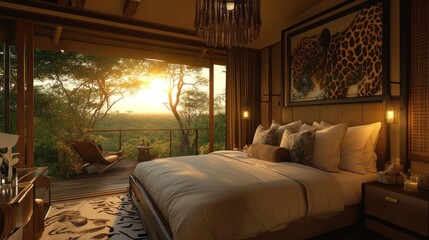 Luxurious safari lodge bedroom with sunset view, large bed, and leopard artwork.