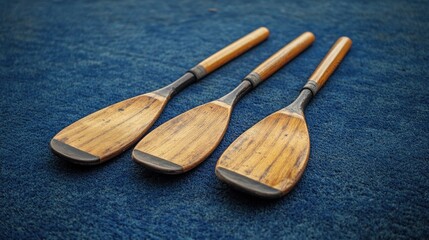 Three vintage wooden paddles on blue fabric.