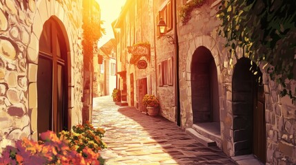 Sunlit cobblestone alleyway in a charming European town, featuring stone buildings, archways, flowers, and warm light.