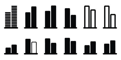 Collection of Black Bar Chart Icons Showing Data Growth and Decline Patterns graph statistics