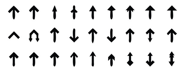Collection of Diverse Black Arrows Pointing Up Down Left and Double Directional on White right