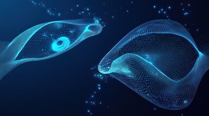 Abstract blue glowing energy forms interacting, digital art.