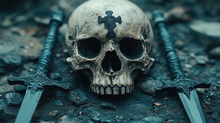 A skull, adorned with a cross, rests amongst two swords