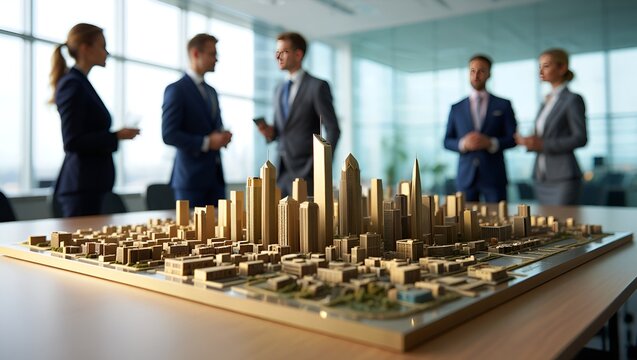 Team reviews a golden city model, planning urban development in a bright, modern office space.