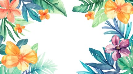 Watercolor tropical floral frame with vibrant flowers and leaves on white background.