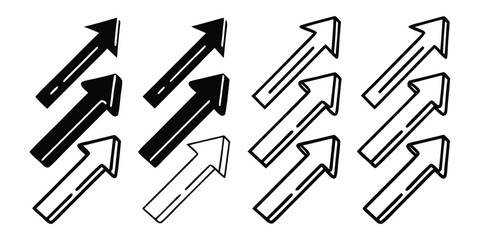 Group of Isometric Black and Outline Arrows Pointing Upward on White Background direction pointer