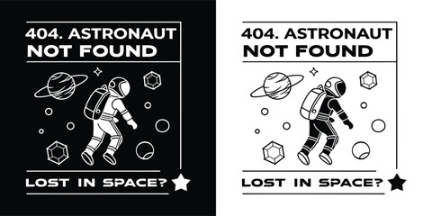 Astronaut lost in space with planets and ufo, featuring text 404 astronaut not found and lost in space for a tech or scifi theme
