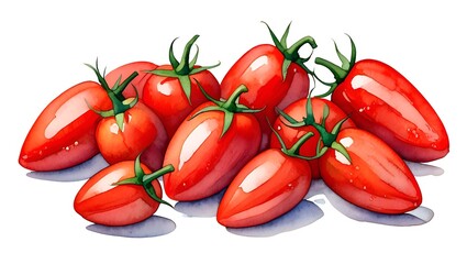 Vibrant watercolor painting showcases fresh, ripe red plum tomatoes in an organic arrangement.