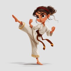 Empowered Girl in Dynamic Karate Action: Animated Martial Arts Character Exhibiting Strength, Determination, and Fun in Athletic Fighter Stance for Youth Sports Culture