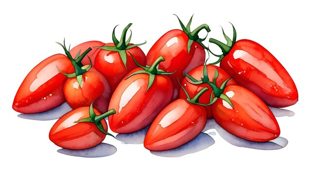 Vibrant watercolor painting showcases fresh, ripe red plum tomatoes in an organic arrangement.