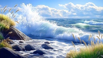 A coastal landscape with waves crashing near rocks and coastal grasses swaying in the breeze