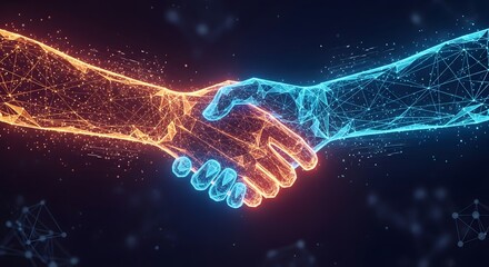 Handshake in digital futuristic style. The concept of partnership