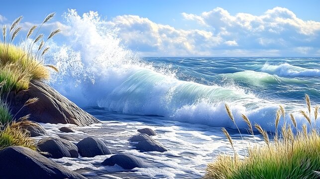 A coastal landscape with waves crashing near rocks and coastal grasses swaying in the breeze 
 - Powered by Adobe