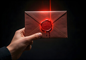 Hand Holding a Sealed Envelope with a Red Wax Seal Illuminated by a Dramatic Red Light Beam