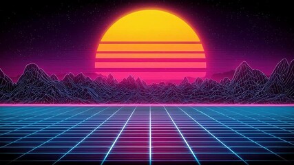 Synthwave loop background, retro futuristic animation, neon grid video, glowing sun animation, 80s retro loop, synthwave sun rising, futuristic retro video, neon animation background - Powered by Adobe