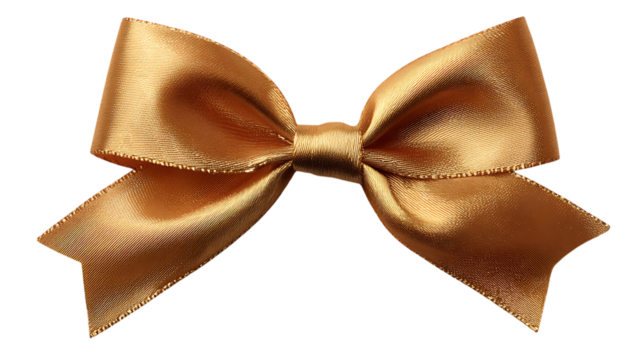 Elegant golden satin bow isolated on transparent background .