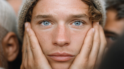 Recreant, Intense gaze of a young man with hands on his face.
