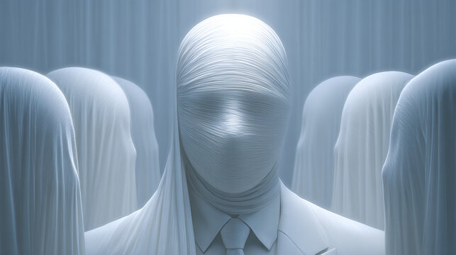 Recreant, Mysterious figure with faceless silhouettes in a surreal setting.