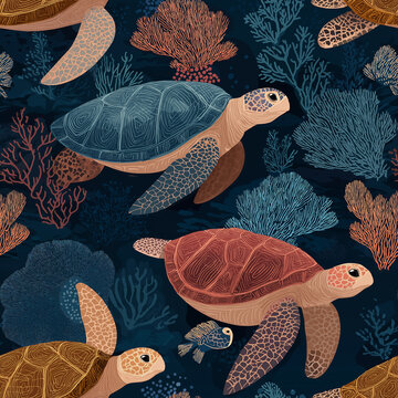 Flat Seamless Design of Turtles Swimming with Waves