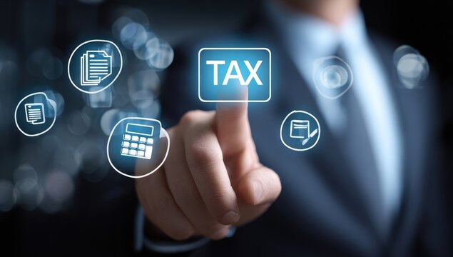 Business hand selecting TAX concept with financial icons