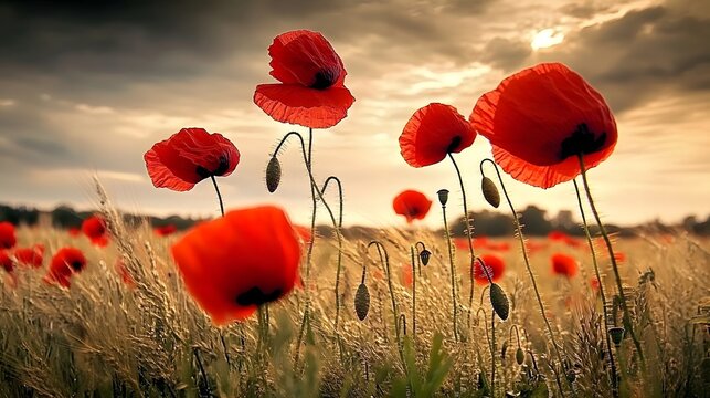 A countryside field dotted with red poppies swaying in the wind under a dramatic sky 
