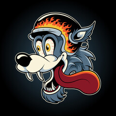 Angry Wolf Biker Head with Helmet
