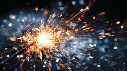 Obraz premium Sparkling sparks emanate outward from a burning sparkler, creating a dynamic and vibrant display against a dark backdrop.