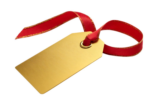 A golden gift tag with a red ribbon isolated on transparent background. - Powered by Adobe