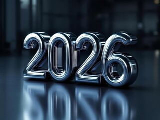 A bold 3D liquid metal font "2026" with a glossy chrome finish, reflecting light from a minimalistic industrial backdrop, perfect for tech and branding visuals.