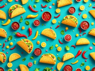 A fun 3D pattern background featuring tacos, salsa, and a taco truck, perfect for street food branding and Mexican culinary designs.