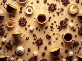 A cozy 3D coffee pattern background featuring steaming mugs, coffee beans, and latte art, perfect for cafe branding and modern beverage designs.