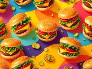 A dynamic 3D burger pattern background featuring juicy burgers, sesame buns, and fresh toppings, ideal for American food branding and restaurant marketing designs.
