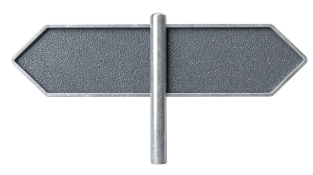 Gray metal direction sign isolated on transparent background.