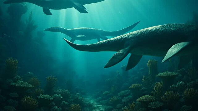Underwater scene featuring plesiosaurs swimming amidst a vibrant coral reef illuminated by sunbeams, showcasing the marine life and serene atmosphere. Pixel art style.