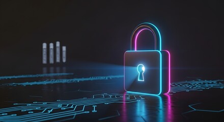 Glowing red padlock with binary code texture, dark background, digital security concept