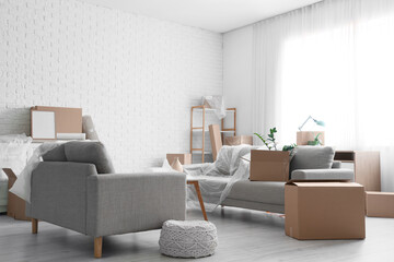 Grey sofas with cardboard boxes in living room on moving day