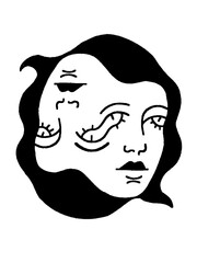 Multiple eyes on a woman's face, a surreal and conceptual line art illustration