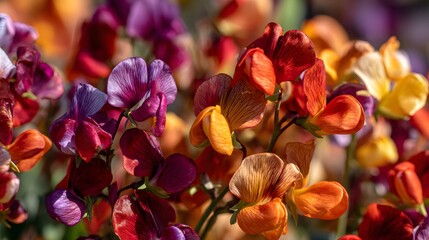Vibrant cluster of multicolored blossoms, showcasing a rich array of oranges, reds, and purples in close-up detail.