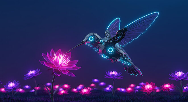 Cybernetic Hummingbird Sipping Nectar from Glowing Flowers in a Surreal Landscape