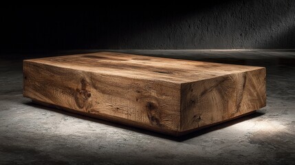 Fototapeta premium Rectangular oak podium illuminated by a single beam of light, placed in a dark room with a slight reflective floor for an elegant presentation effect 