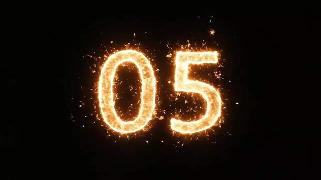 Intense Fiery Countdown Animation with Burning Numbers and Hot Sparks on a Black Background