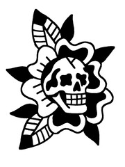 Skull and rose tattoo design, a classic American traditional style illustration