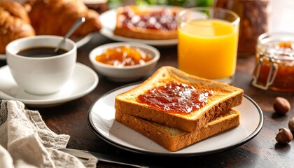 Delicious breakfast spread with toast, coffee, and orange juice