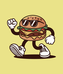 Cool cartoon burger character dancing with sunglasses