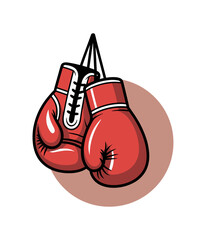 Classic red boxing gloves hanging ready for a fight