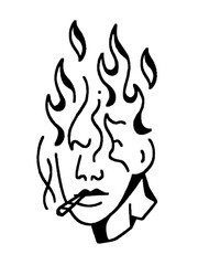 Mind on fire with a cigarette in hand, minimalist line art