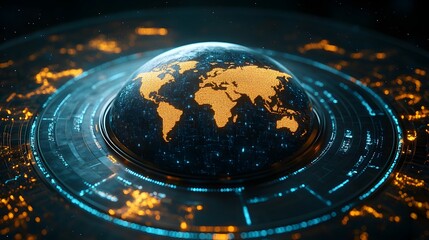 Futuristic Digital Earth Globe with Illuminated Continents and Data Network Overlay in Dark Space