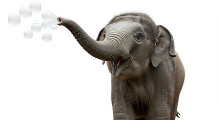 Naklejka premium 象が優しく泡を吹き出す 白い背景 穏やかな光. AI Generated